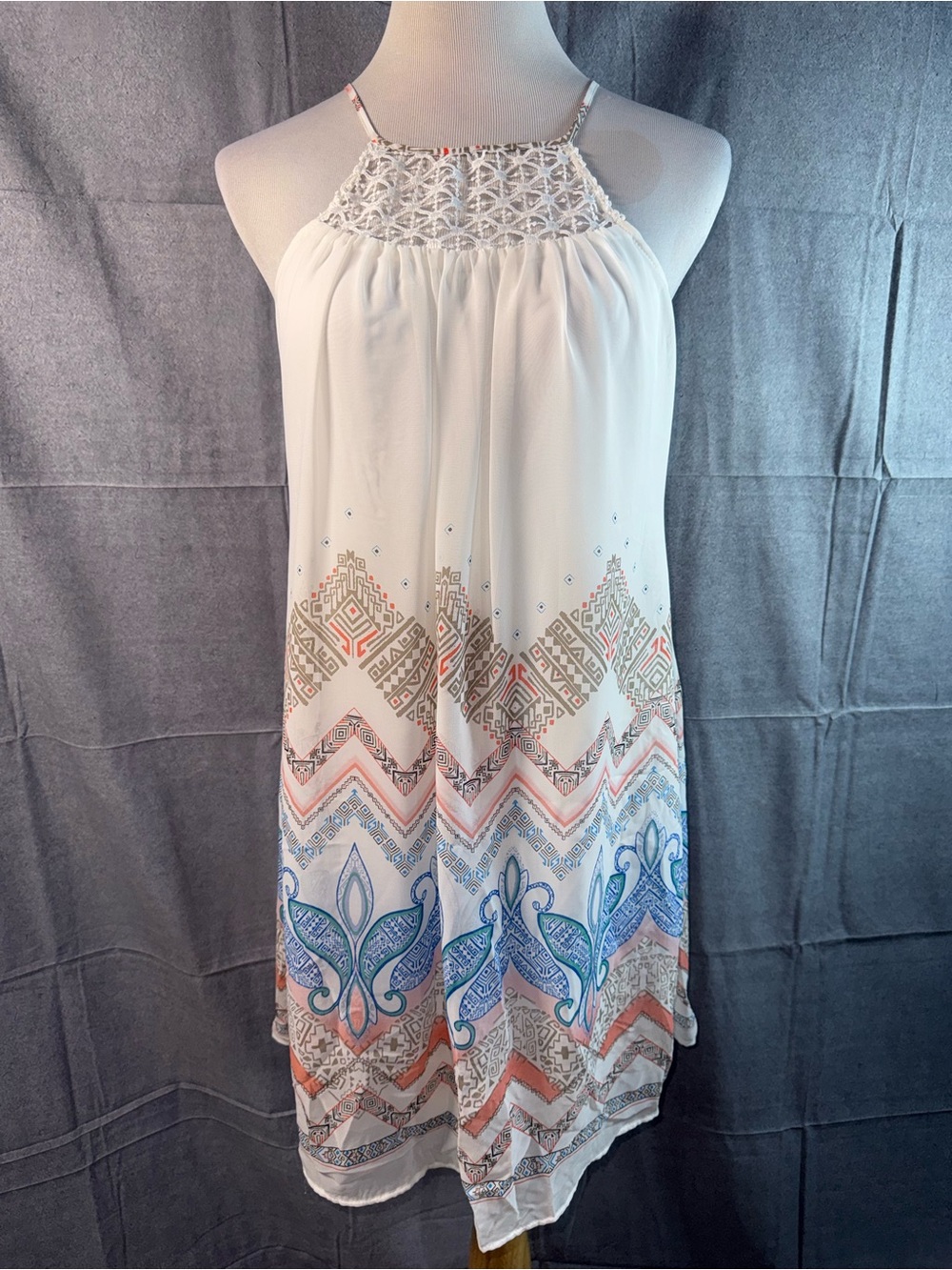 1247-Sequin Hearts White Midi Halter Dress with Blue & Coral Accents